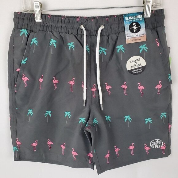NWT 360 Surf Men's Beach Shorts Black w/ Flamingo and Palm Tree Recycled Poly - Picture 1 of 9